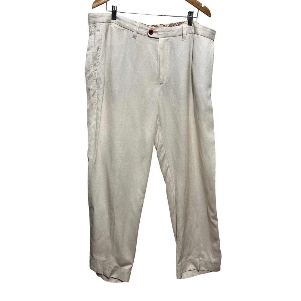 Tommy Bahama Mens‎ Linen Lyocell Pants 38x30 Cream Flat Front Coastal Resort